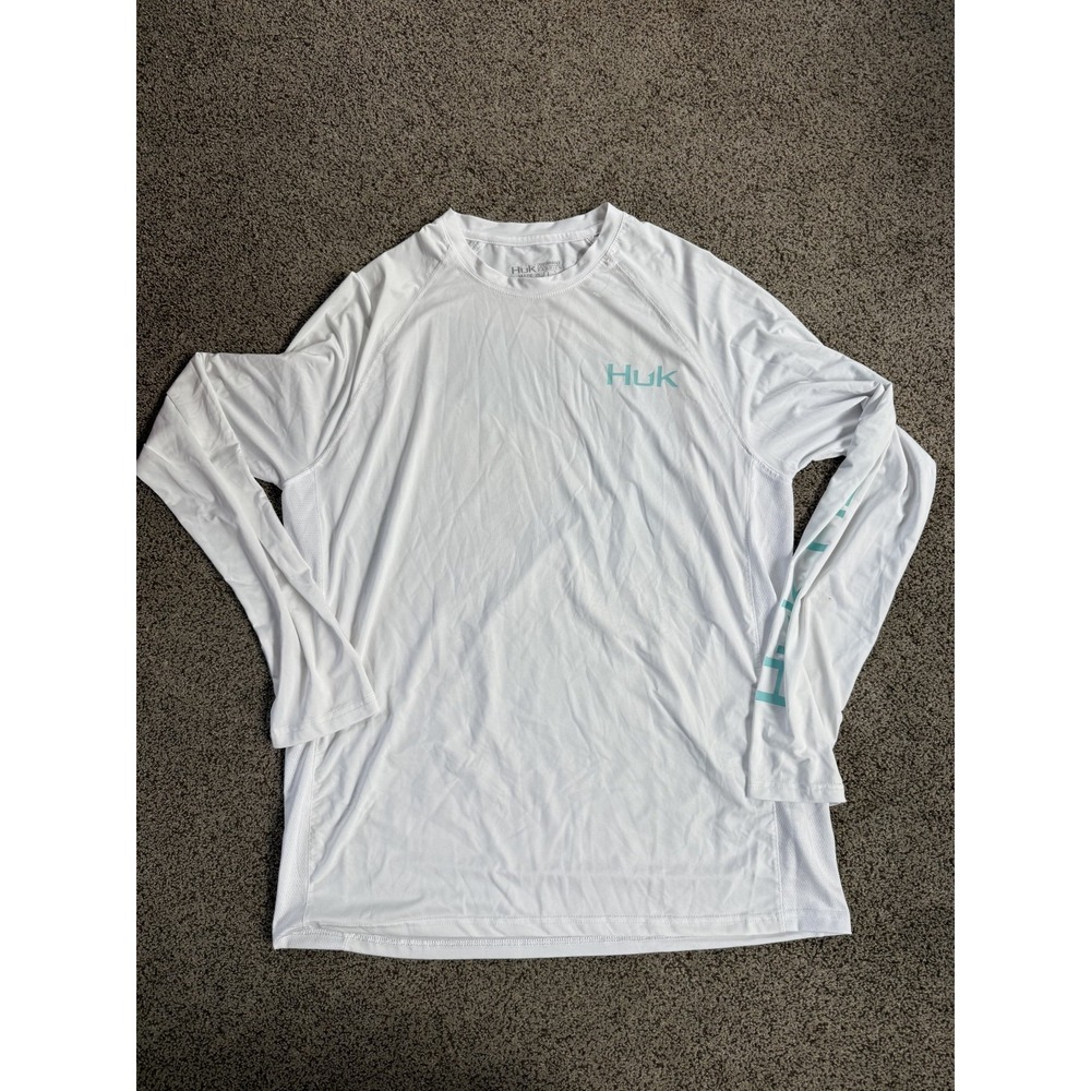 HUK Performance Mens Graphic Fishing Shirt Large White Long Sleeve Outdoors